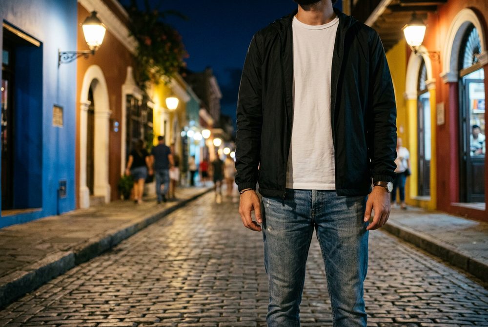 Persona con una chaqueta negra abierta sobre una camiseta blanca, de noche, en una calle de casas coloniales