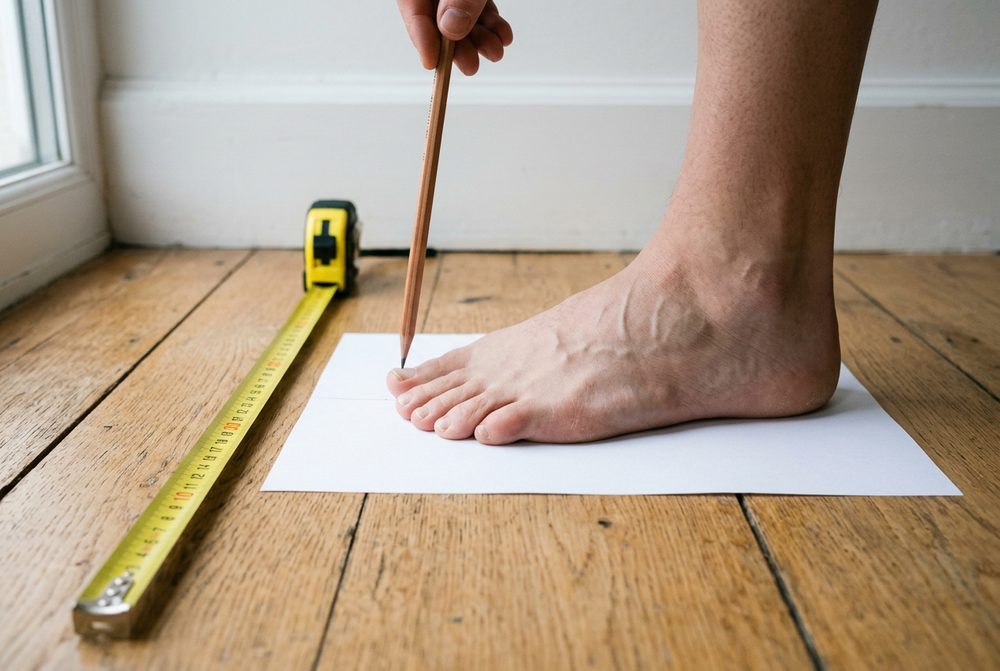 Pie descalzo sobre una hoja de papel con el talón contra la pared, marcando el dedo más largo con un lápiz junto a una cinta métrica