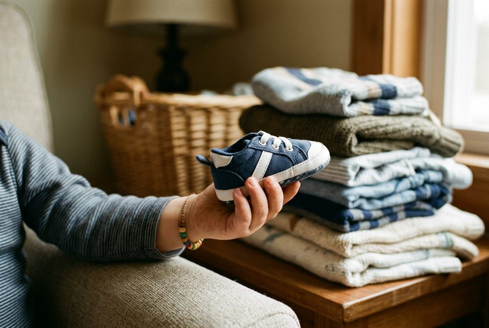 Manos sosteniendo un tenis infantil junto a una pila de ropa de niño doblada