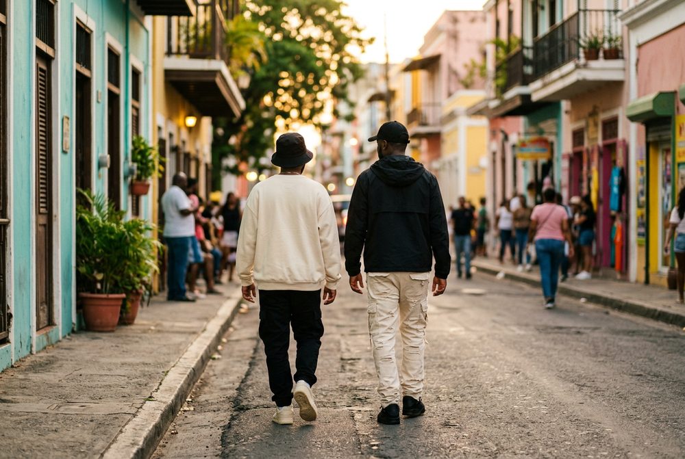 Dos personas caminando por una calle de casas de colores, vestidas con los mismos dos tonos pero invertidos entre sí