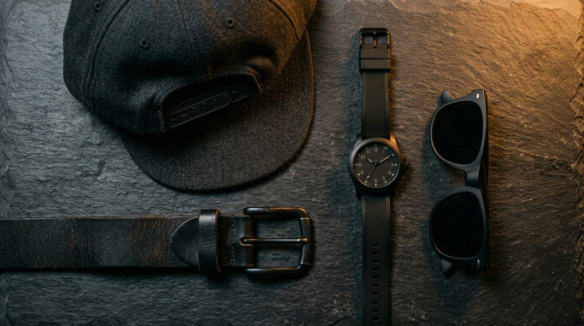 Gorra, reloj, correa de cuero y lentes de sol ordenados sobre una superficie de pizarra
