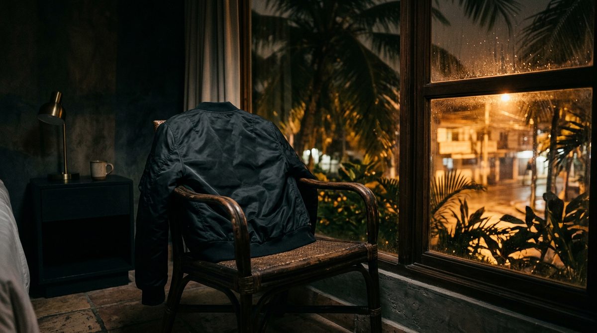 Chaqueta bomber negra sobre una silla de madera, junto a una ventana con palmeras y la calle mojada de noche