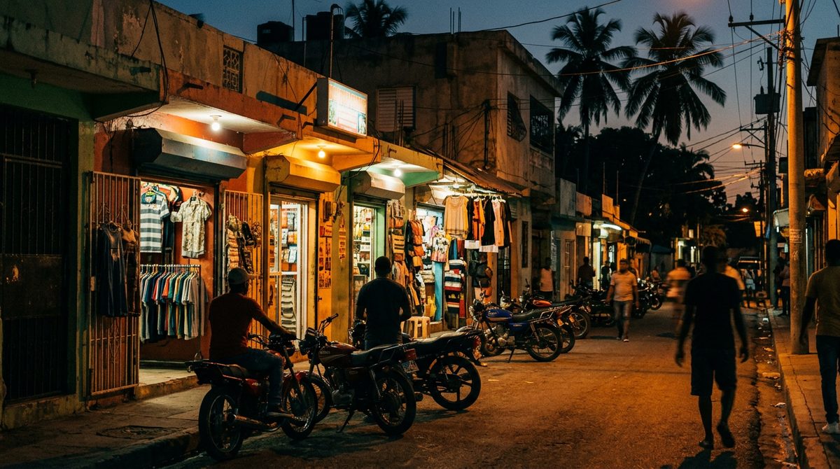 Calle comercial de barrio al anochecer, con tiendas de ropa iluminadas y motores parqueados al frente