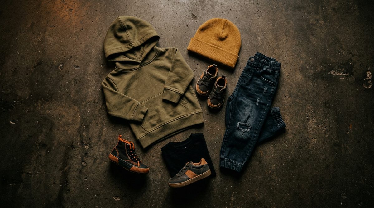 Conjunto urbano infantil extendido en el piso: hoodie verde, gorro tejido, jeans y tenis