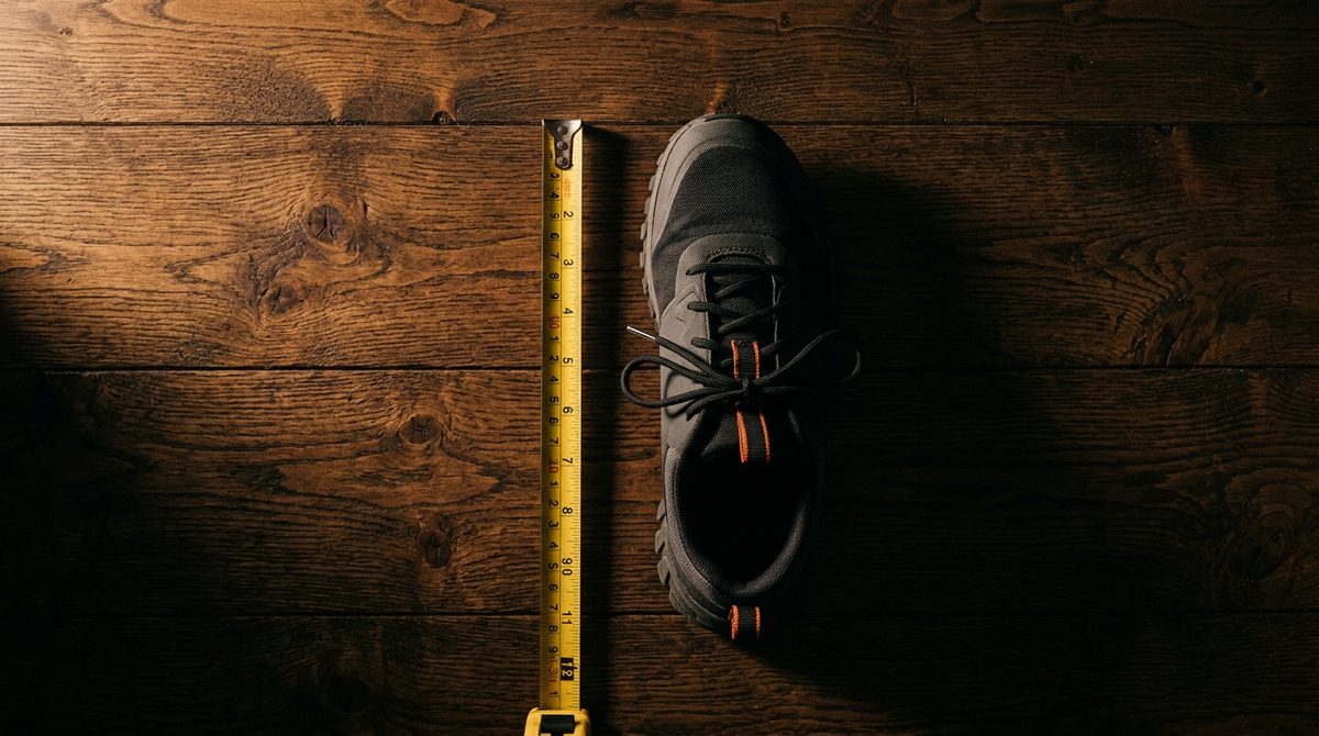 Un tenis junto a una cinta métrica amarilla extendida sobre una mesa de madera